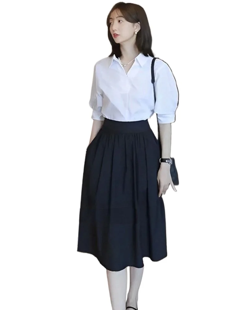 

Short Sleeved Summer 2025 New High-end Professional White Shirt+A-line Skirt Women Office Two-piece Set