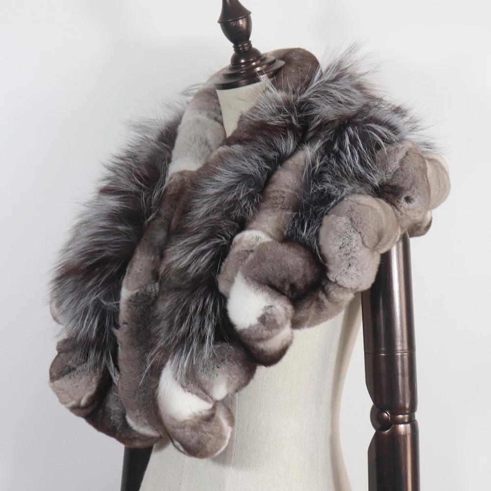 Neue warme, weiche Silberfuchs-Fellschals für Damen, Winter-Echt-Rex-Kaninchenfell-Schal, modischer Damen-Poncho aus 100% echtem Rex-Kaninchenfell. – Detail 7