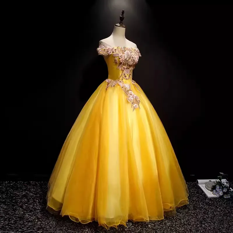 

Elegant Gold Yellow Prom Occasion Dresses Cap Sleeve Flower Applique Puffy Long Sweet 15 Quinceanera Dress Birthday Party Formal