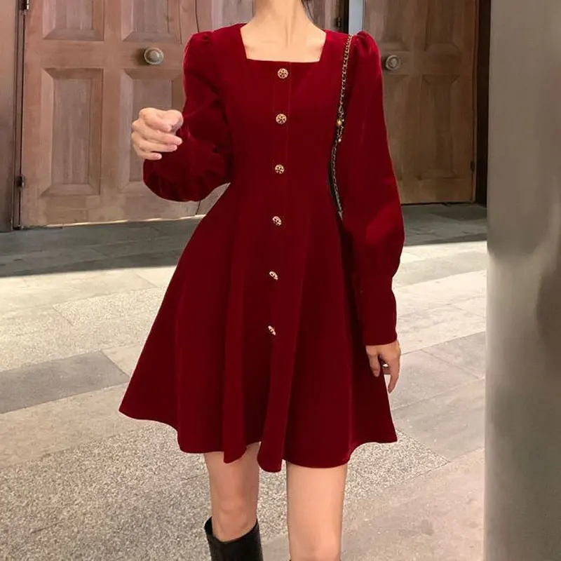 French Style Vintage Square Collar Mini Dress Autumn Winter New Elegant Waist A-Line Women\'s Clothing Solid Color Button Dresses