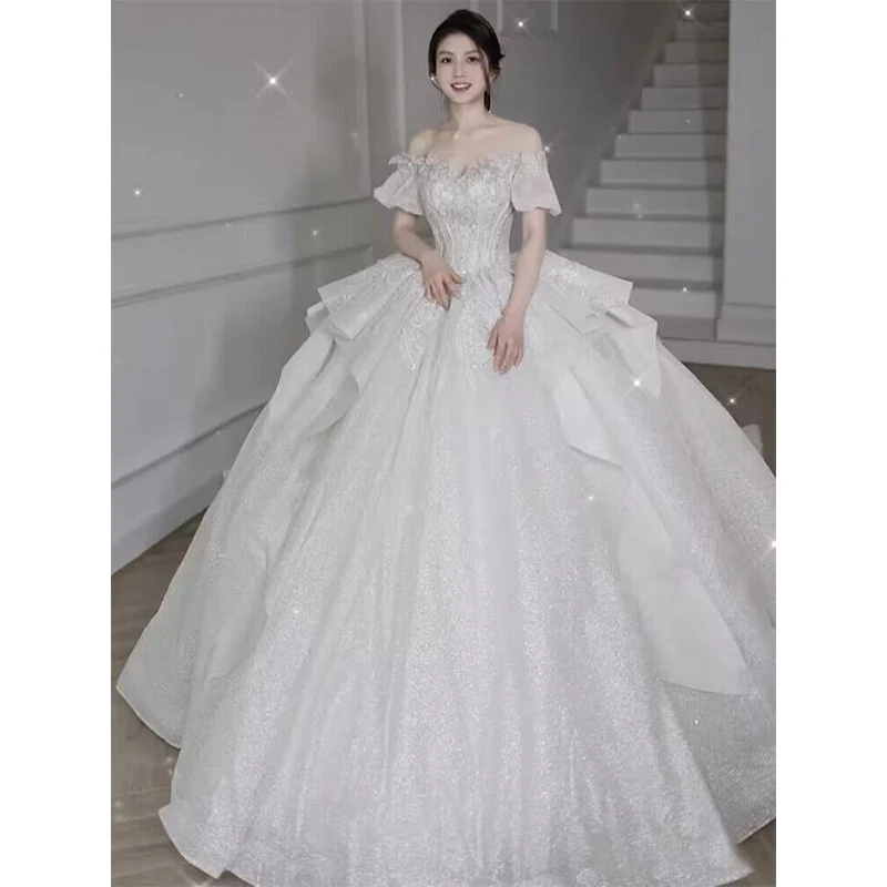 Vestido de baile com laço, Vestido de princesa, Fora do ombro, Gola de barco, Lantejoulas, Trem, Casamento, Novo, 2022