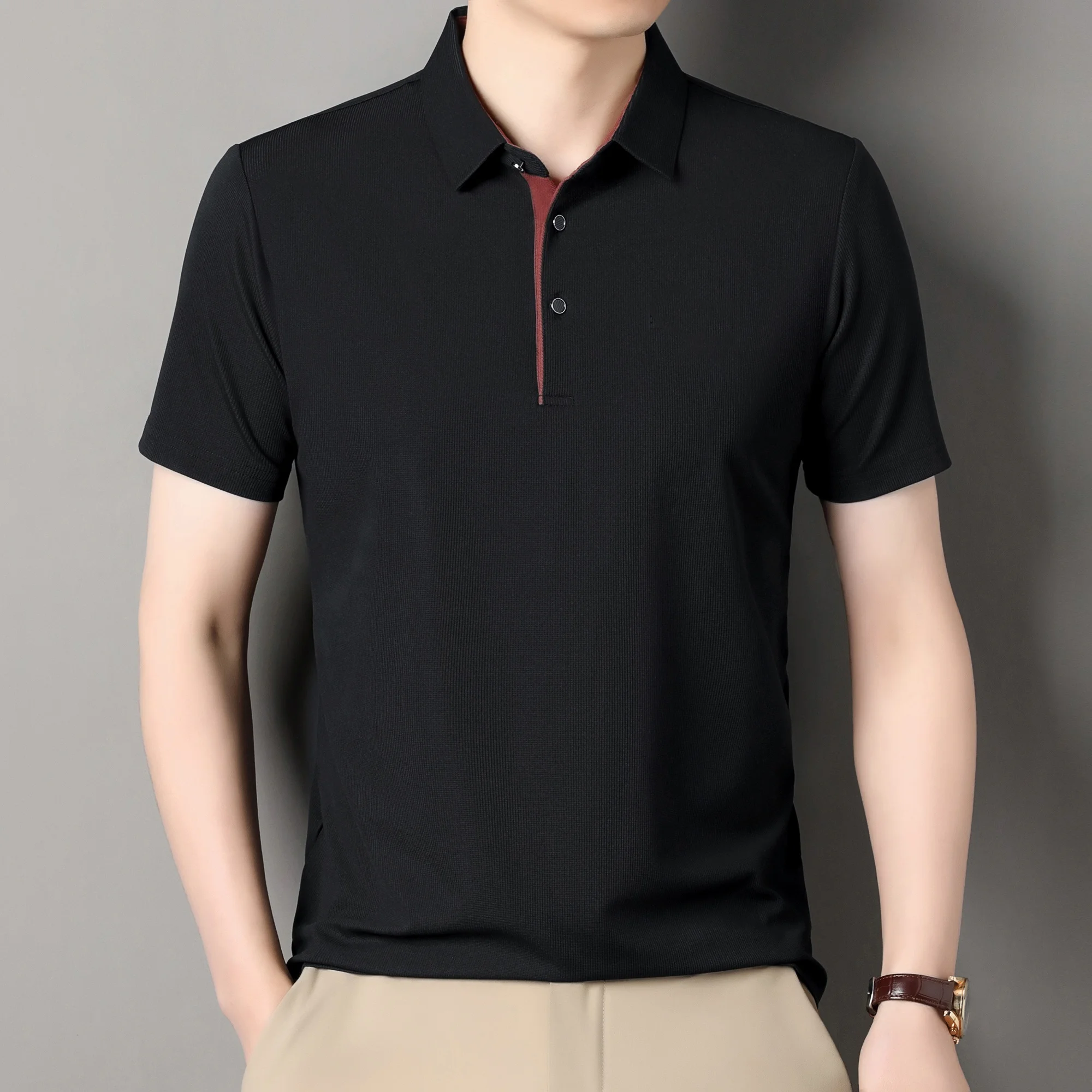 {High Quality} Men'S Short Sleeved Solid Color Polo Shirt, Breathable And Comfortable Elastic Top, New Casual And Business Style