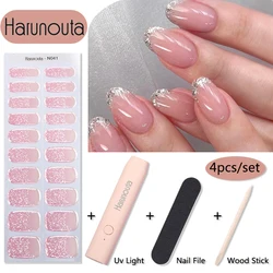 Harunouta 4Pcs/set Sparkly Shinning Semi Cured Gel Nail Strips Nail Lamp French Jelly Waterproof Gel Polish Nail Stickers Kits