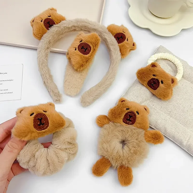 5-Piece Set of Cute Capybara Hair Clips and Headbands, Highly Elastic Cartoon Plush Hair Bands, Cute Plush Headwear, a Must-Have