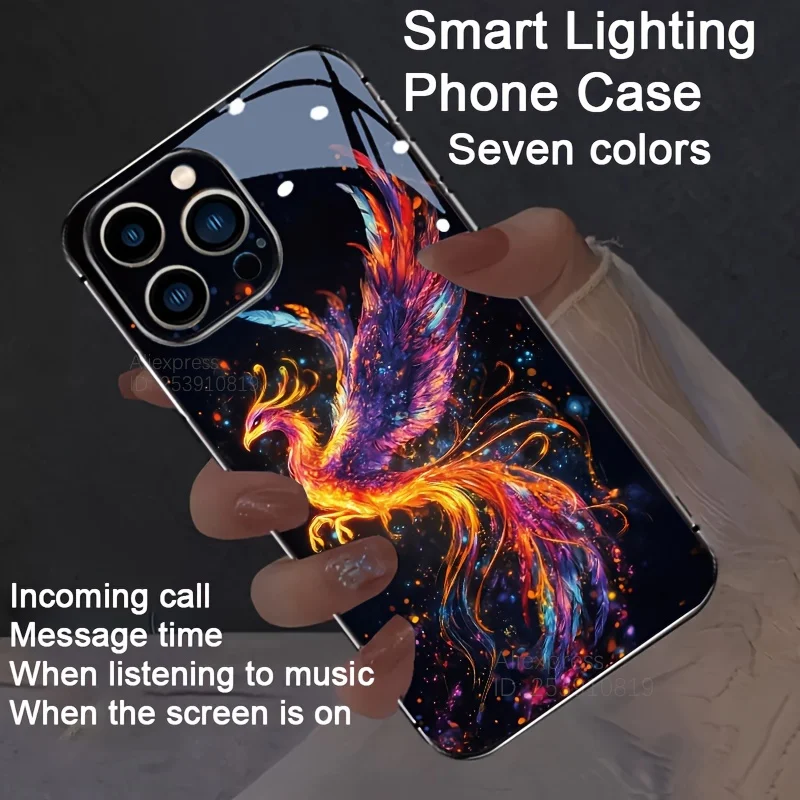 

Flame Phoenix Smart LED Light Up Glass Phone Case For iPhone 16 E 15 14 13 12 11 Pro Max XR XS Plus 7 8 SE Cute Phone Funda LED