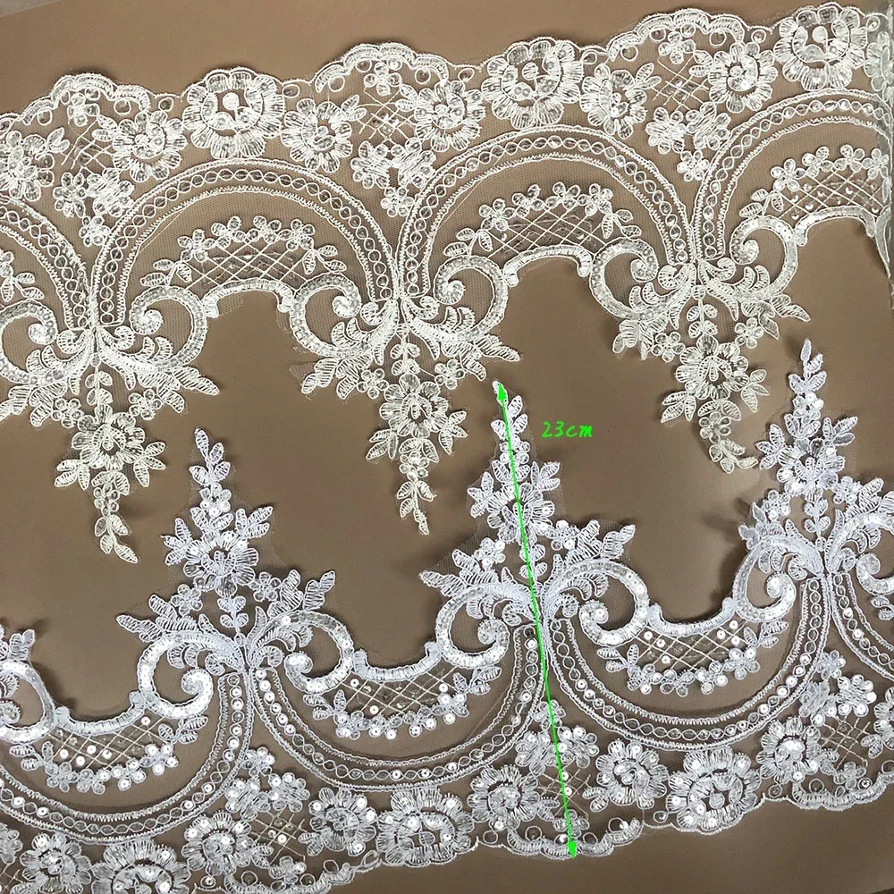 Delicate 1Y White/Ivory Sequin Cording Fabric Flower Venise Venice Mesh Lace Trim Applique Sewing Craft for Wedding Dress 23cm