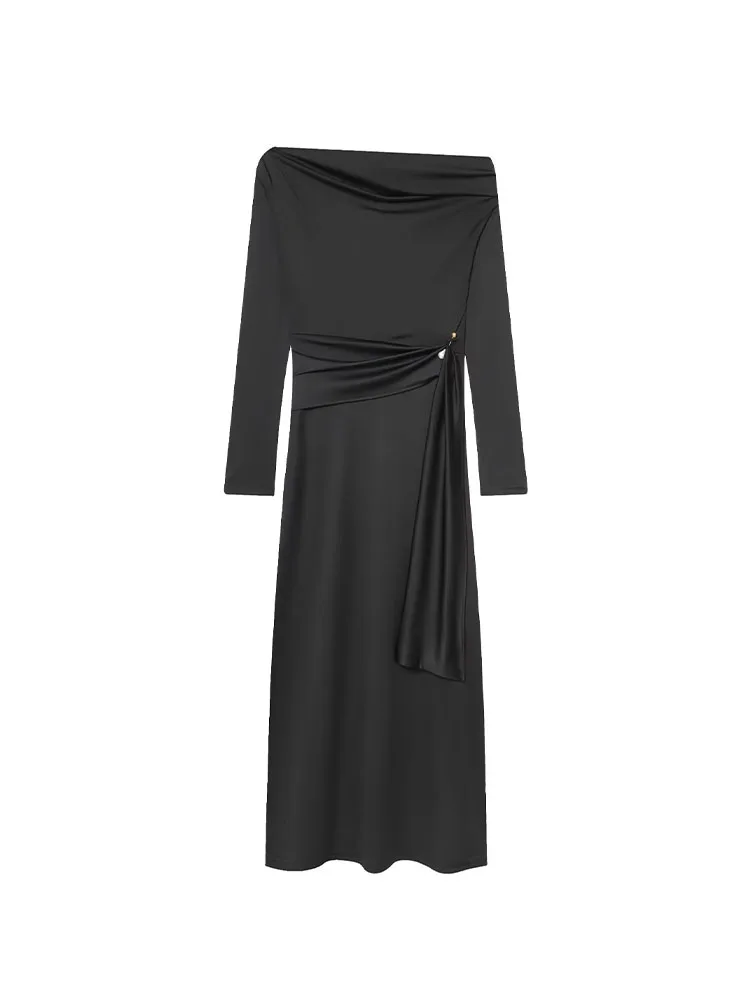 HH mujeres de manga larga Slash Neck Metal plisado decoración vestido Casual ajustado vestido largo femenino primavera sólido elegante vestido de fiesta