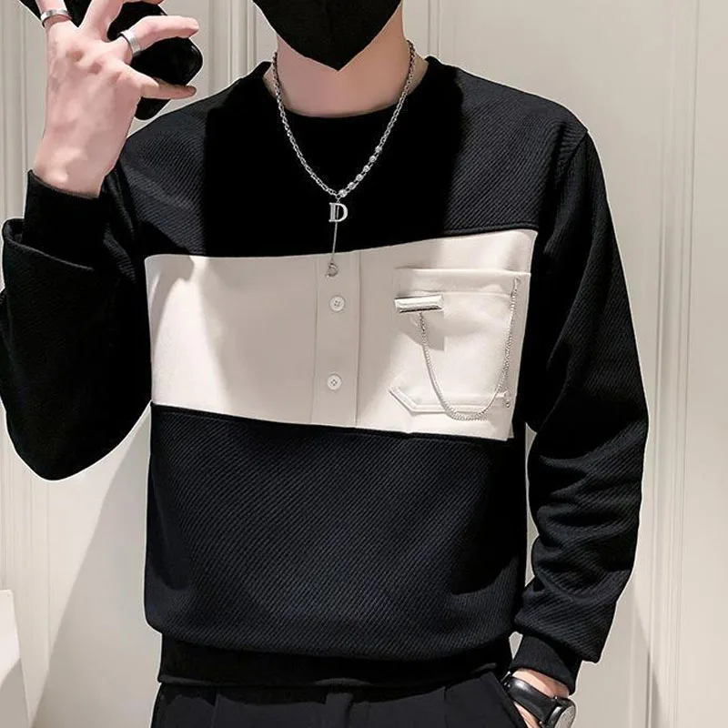 Spring and Autumn Fashion Trend Patchwork Color Contrast Round Neck Versatile Loose Casual Age Reducing Men\'s Long Sleeved Sweat