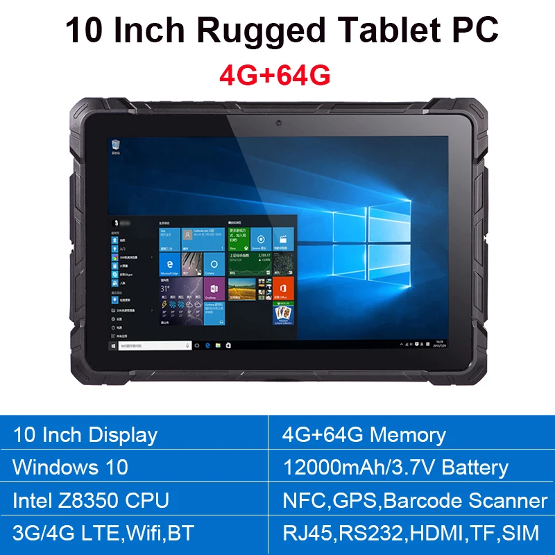 High Quality 4GB RAM 64GB IP67 Industrial Rugged Windows 10 Tablet PC Intel Z8350 Barcode Scanner 4G Lte WiFi RJ45 HDMI