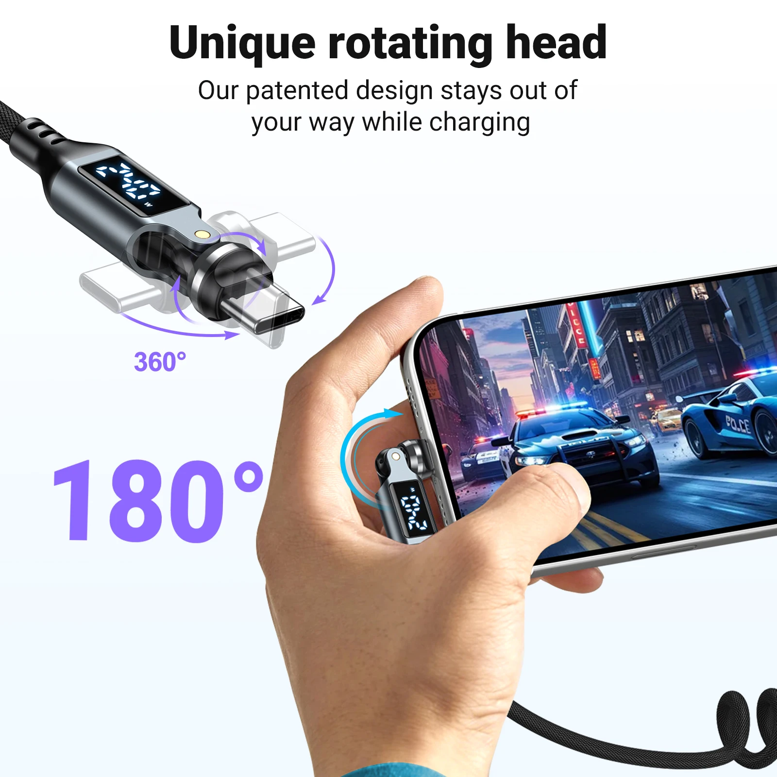 AUFU 540 °   Kabel USB-C do USB-C 240W z wyświetlaczem, szybkie ładowanie, sprężynowy kabel USB-C do USB-C do iPhone 17, Xiaomi, Macbook, iPad — zdjęcie produktu 3