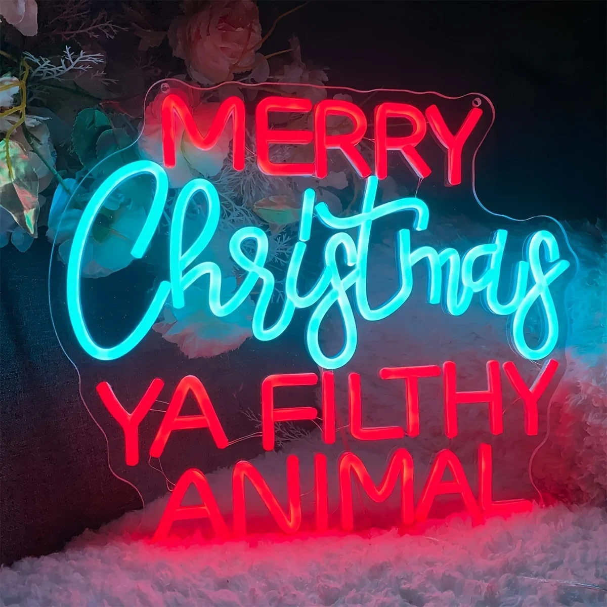 Merry Christmas Ya Filthy Animal Neon Sign Red Blue LED Cursive Wall Art Acrylic USB Powered Dimmable Light For Xmas Party Decor