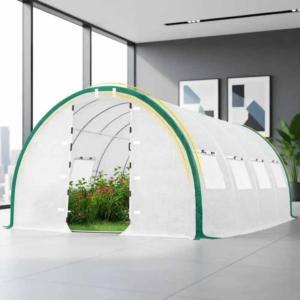 

Outdoor Premium Walk-in Greenhouse with Swing Door, Large Garden Plant Tent, 2 Doors, 10 Screen Windows, 25x10x6.6 FT, White