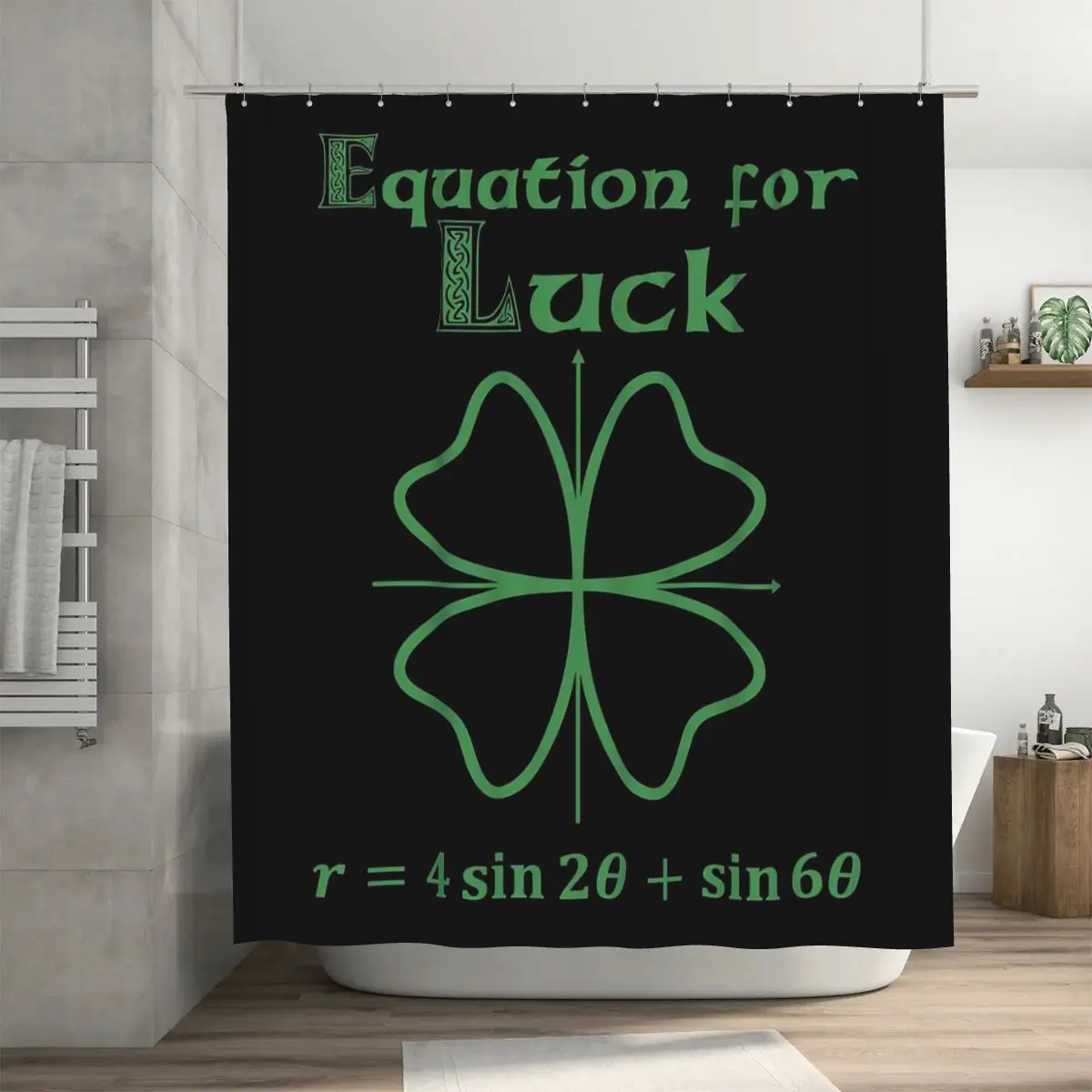 

Винтажная занавеска для душа с математической формулой на тему удачи и графиком четырехлистного клевера, зеленый текст, водонепроницаемая, с крючками