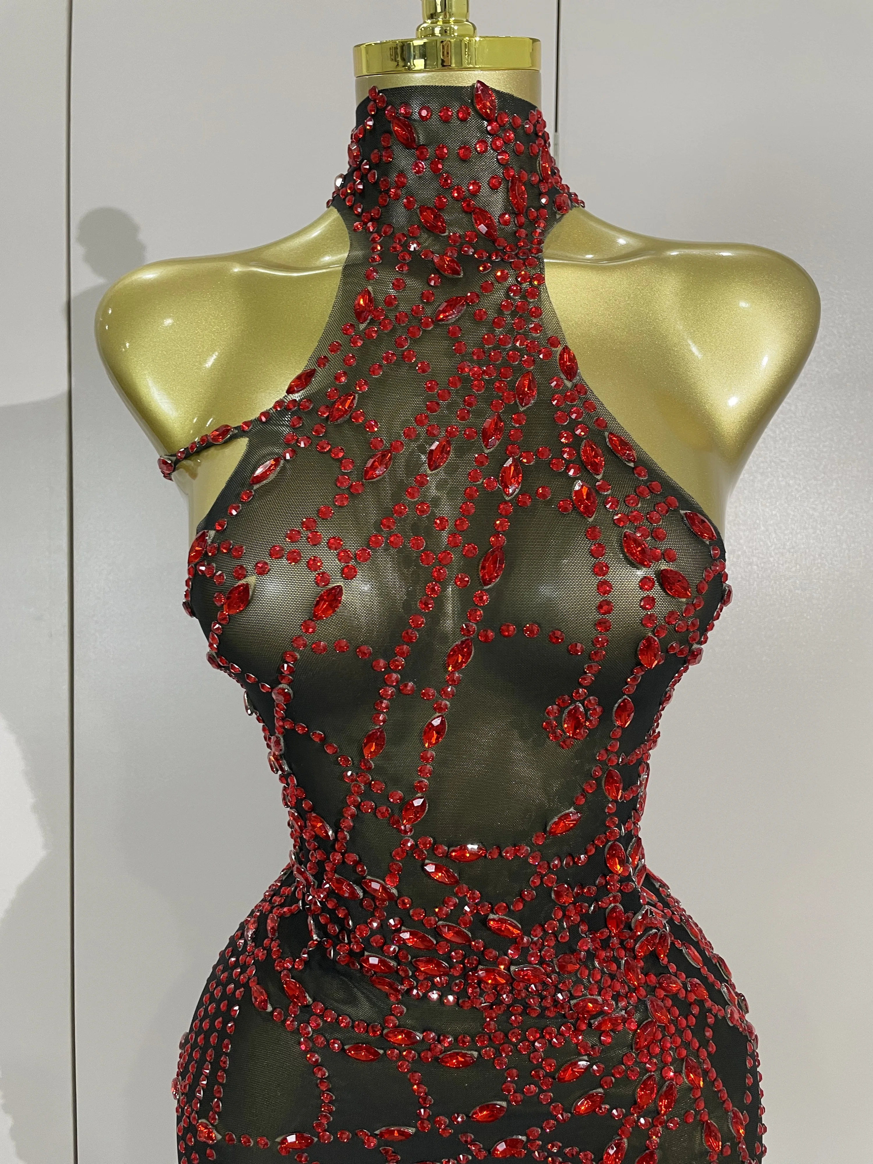 New Sparkly Diamonds Sexy Mesh Asymmetric Stretch Mini Dress Women Nightclub Bar Party Show Gogo Dancer Halloween Stage Costume