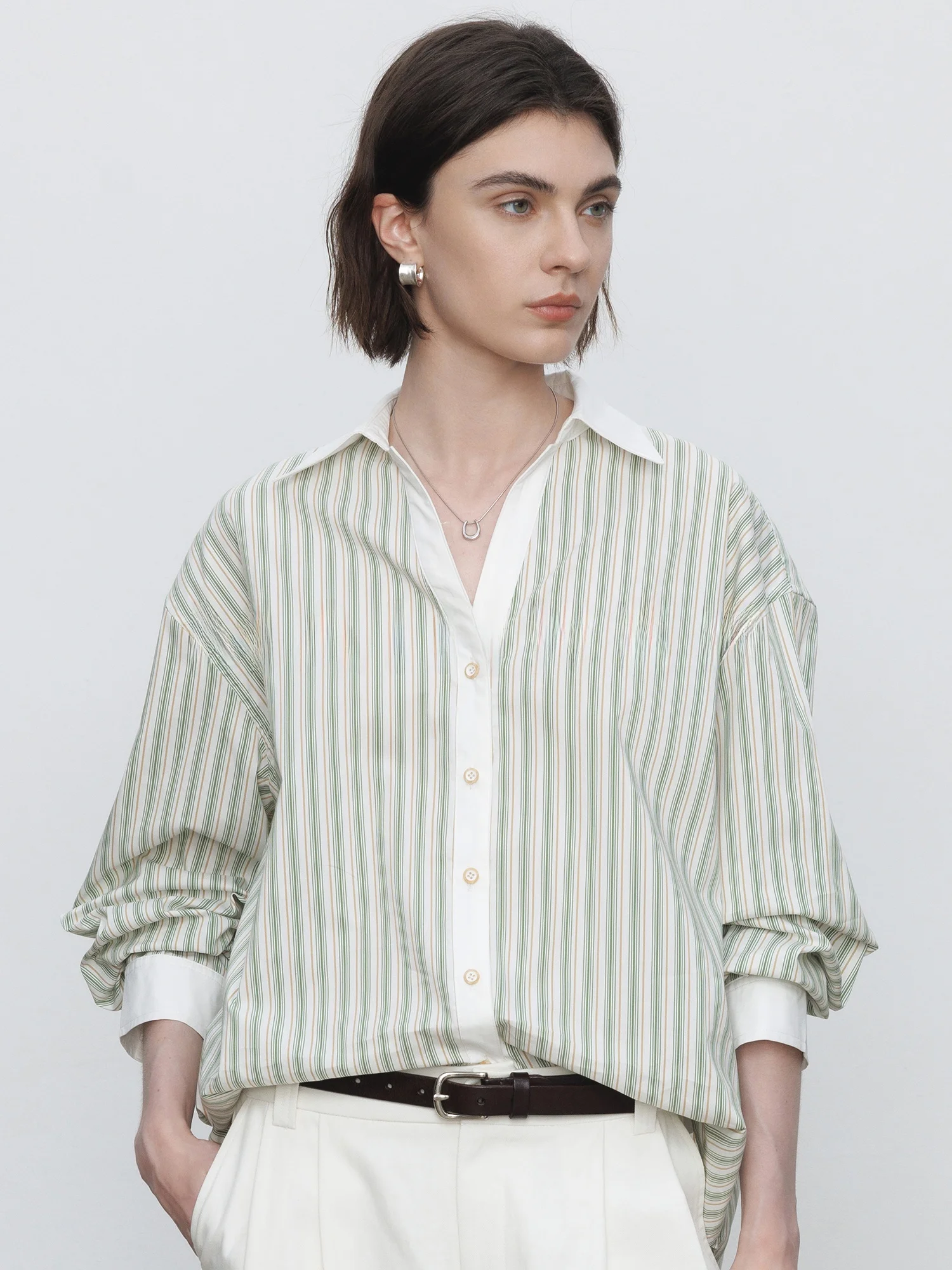 

Весна 2026: Женская повседневная рубашка в полоску с цветовыми блоками, из смесового хлопка, с длинным рукавом, модный топ для офиса