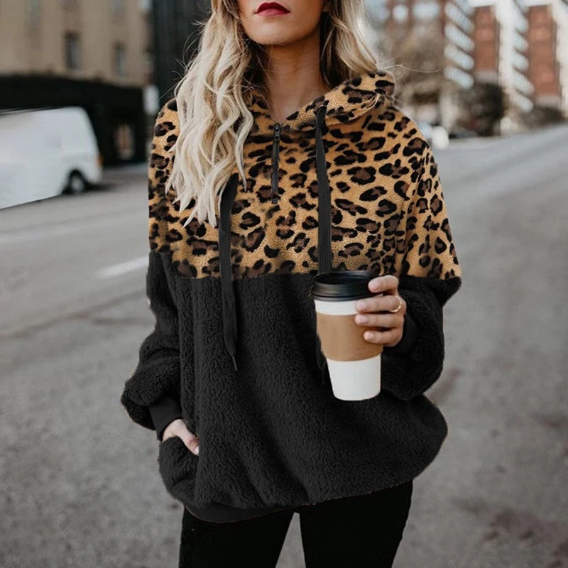 Women\'s Thick Hooded Sweatshirt Autumn Winter Leopard Printing Zipper Loose Blouse