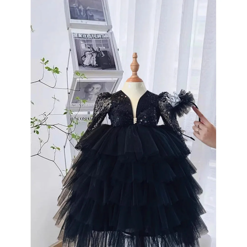 

Kids Black Tulle Puffy Party Princess Dress Autumn Boutique Sequined Full Sleeve for Teenage Girls 2-16 Years Show Dancing