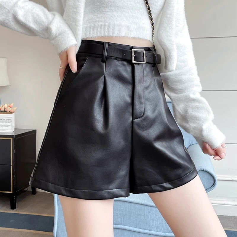 High Waist A-Line Leather Shorts Women's Outerwear Black Versatile Boot Pants Casual Pants Korean Style Commute Wind