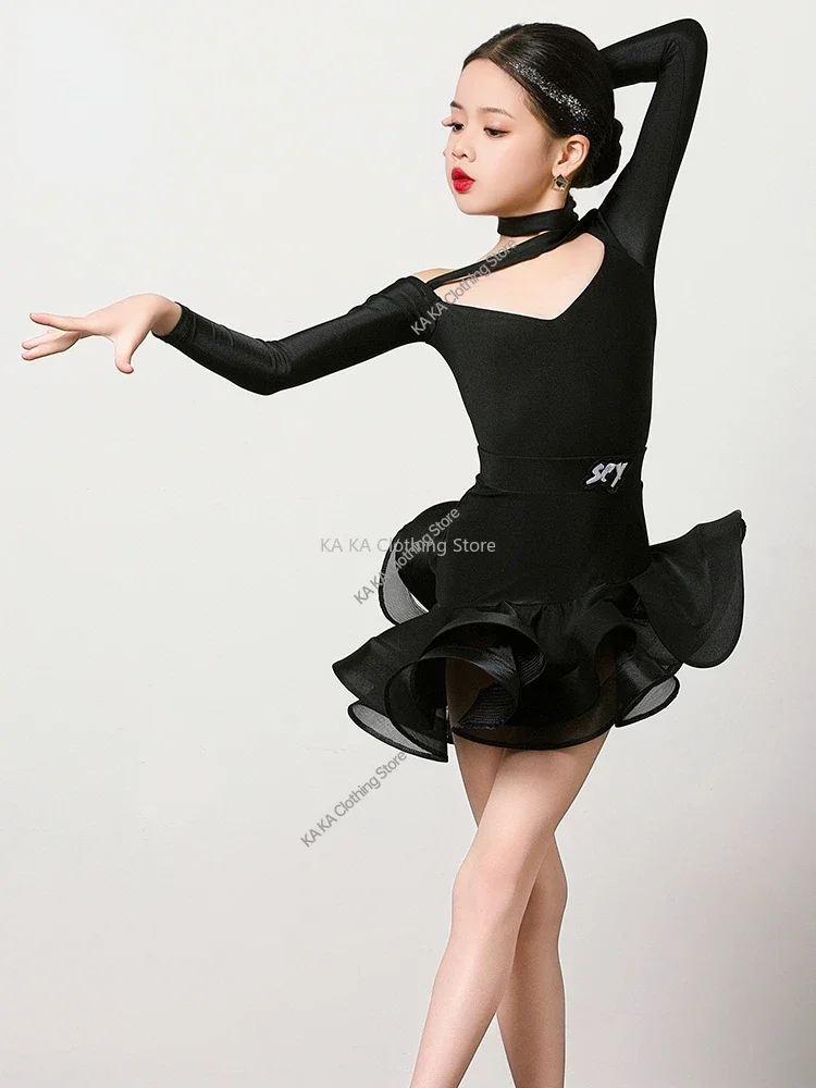 Black Cha Cha Rumba Latin Dance Costume Girls Competition Suit Dance Dress Tango Dance Dresses Girl Kids Latin Practice Clothes