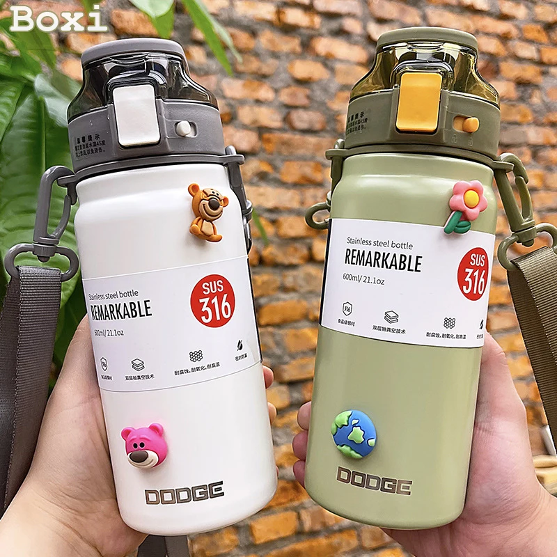 

21oz 316 Stainless Steel Thermos Water Bottle For Girls With Straw Portable Strap Large Sports Thermal Insulated Vacuum Flask