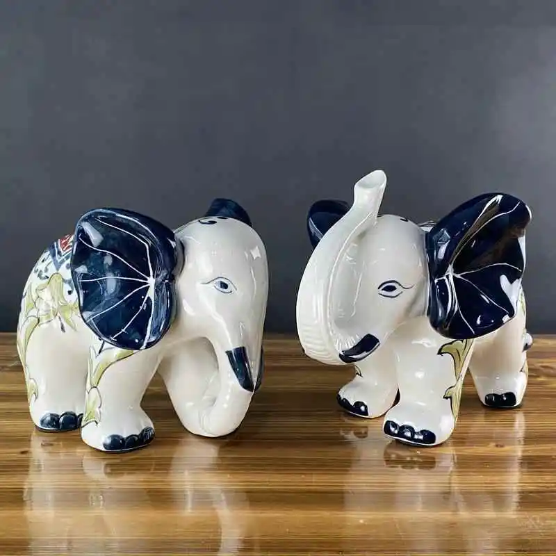 

A pair of white blue and white attracts wealth and auspicious, feng shui elephants, town house home decorations, living room ent