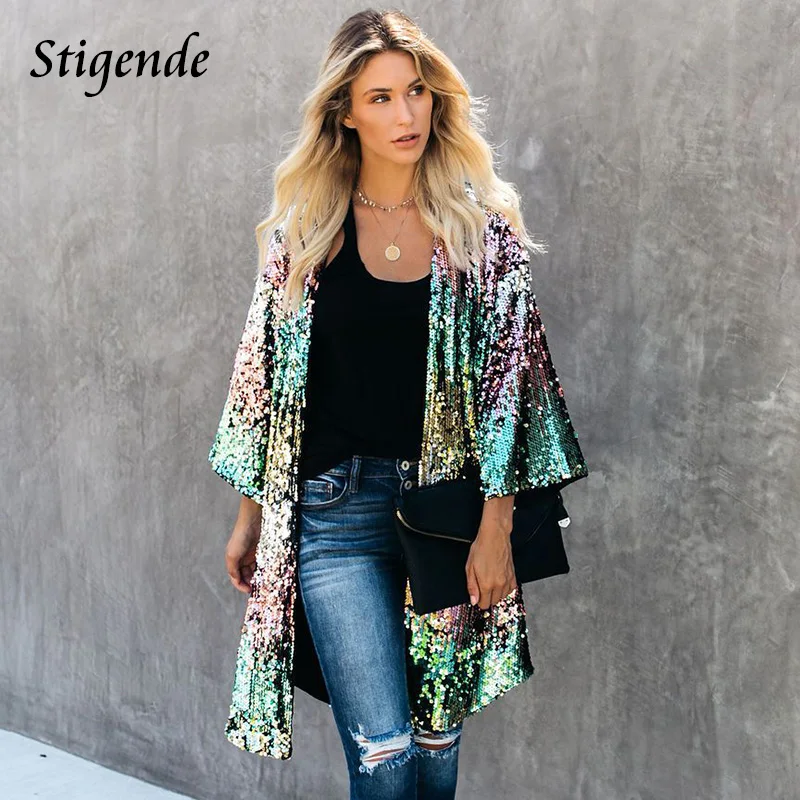 

Sexy V Neck Glitter Sequin Coat for Women Flare Sleeve Shining Paillette Jacket Stylish Party Kimono Lentejuelas Mujer Club Wear