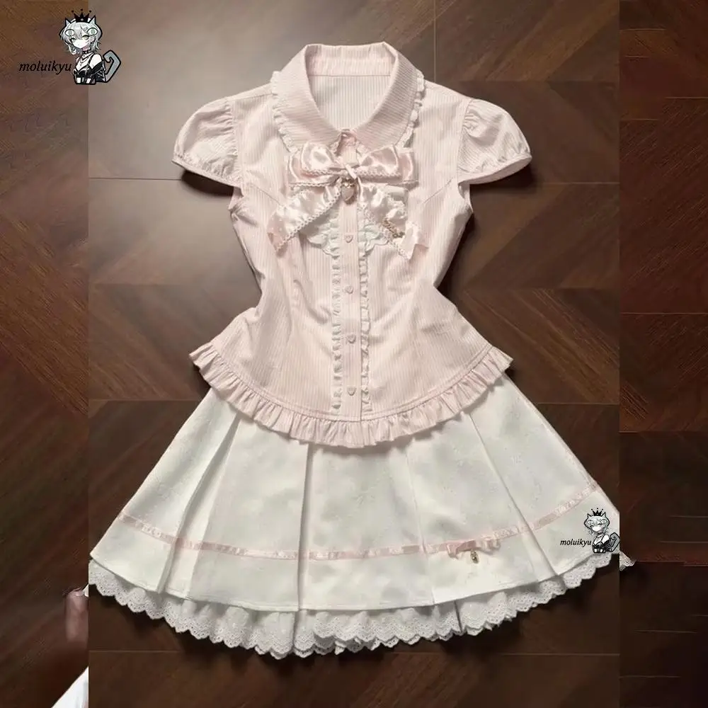 

2Pcs Kawaii Sweet Women's Short Sleeve Striped T-Shirts Pleated Skirt Bow Slim Japanese Cute Lace High-Waist Short Skirt Summer