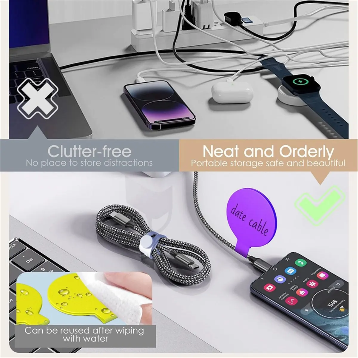 Latest ABBQ-Cable Labels and Silicone Cable , 20 Cable Ties+12 Cord Labels for Electronics, Travel Desk Wire Organization