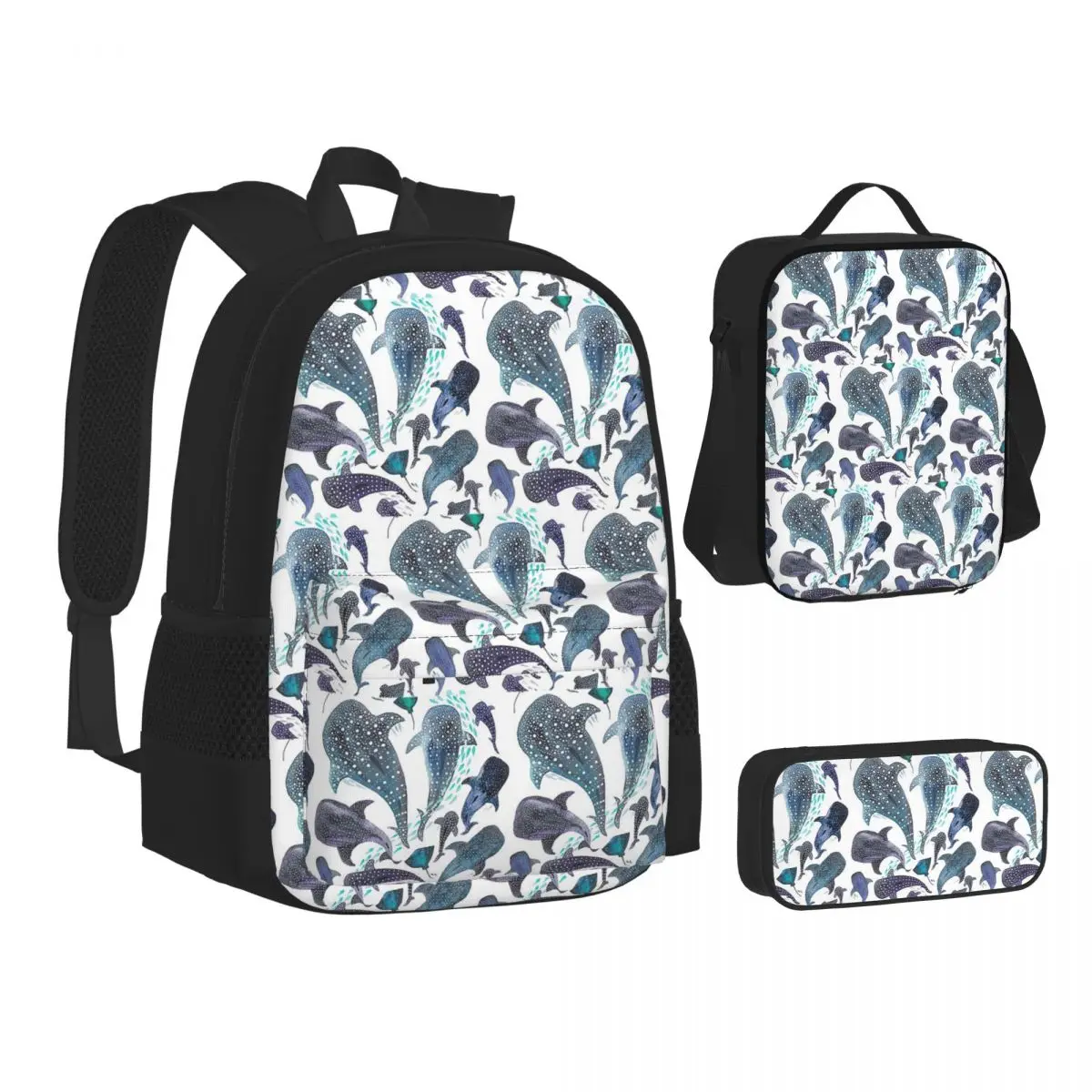

Whale Shark Ray And Sea Creature Play Backpacks Students Bookbag School Bags Children Rucksack Lunch Bag Pen Bag Three-Piece Set