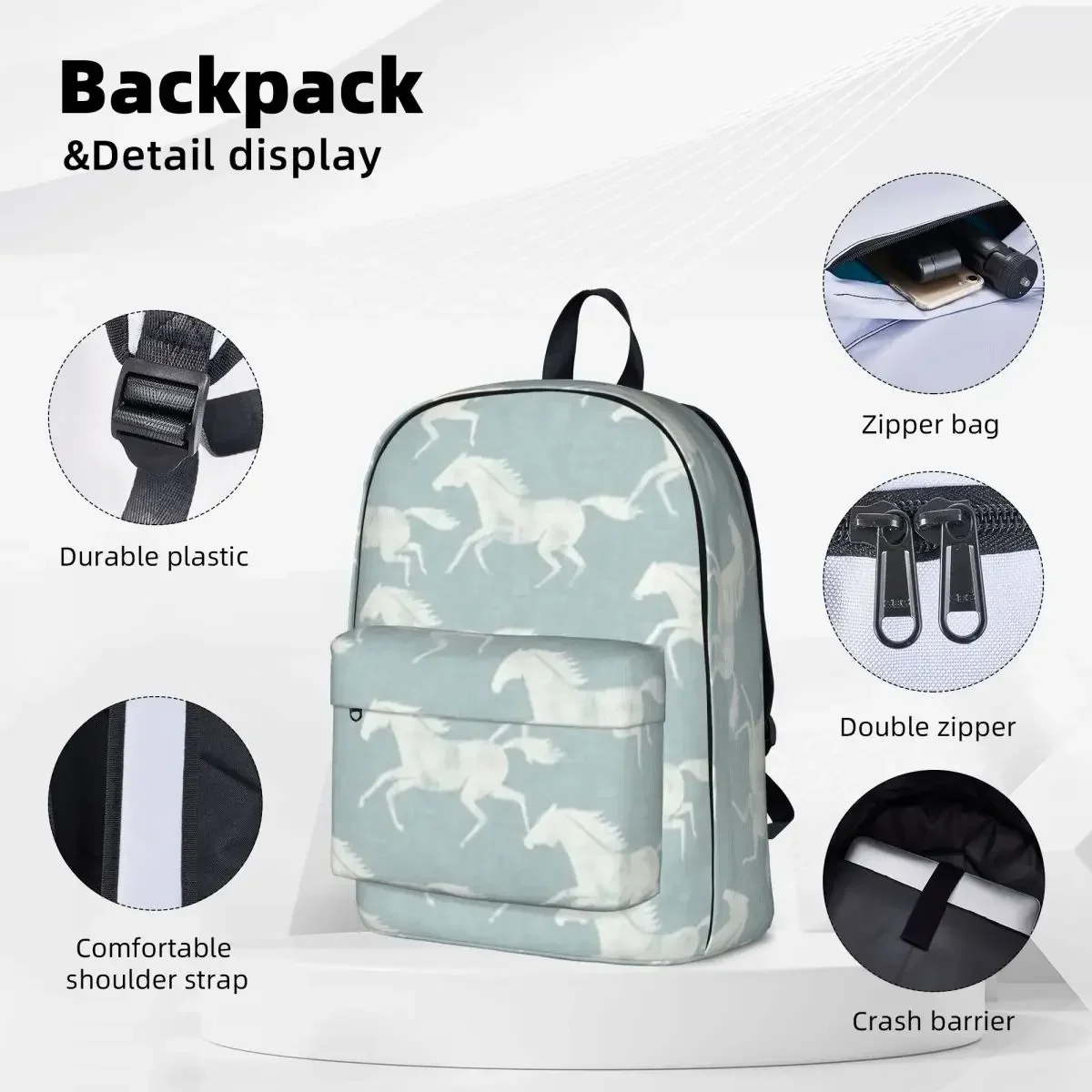 Student Book Bag, Mochila Escolar, Shoulder Bag, Laptop Bag, Viagem Mochila, Stampeding Cavalos Selvagens-Creme Na Luz Azul Mochilas