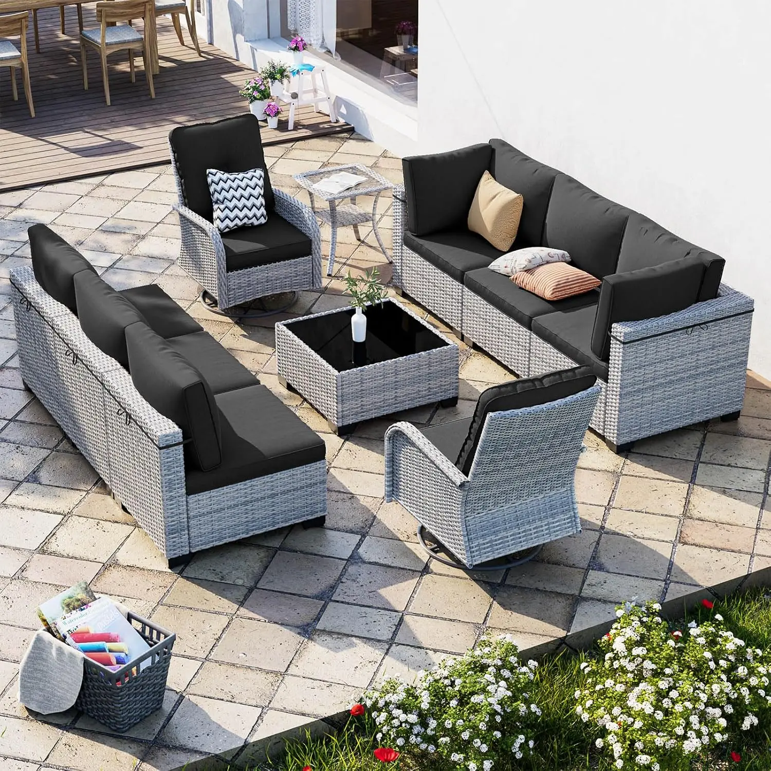 

10-Piece Patio Furniture Set, Outdoor Patio Furniture With Swivel Chairs Set, Thi Cushions, Modular Patio Sofa, Dual-Strand