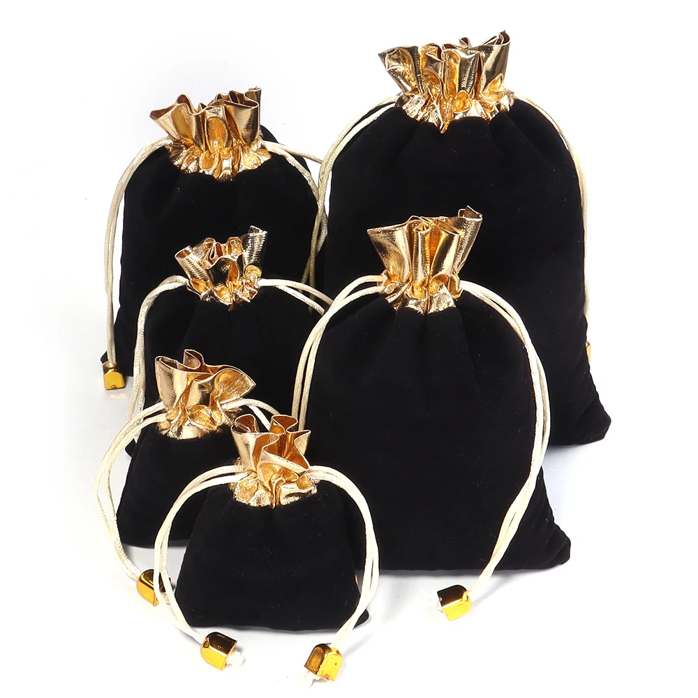 5-10pcs Gold Color Trims Velvet Gift Bags Velvet Christmas Jewelry Gift Display Packaging Drawstring Pouches Drawstring Bag