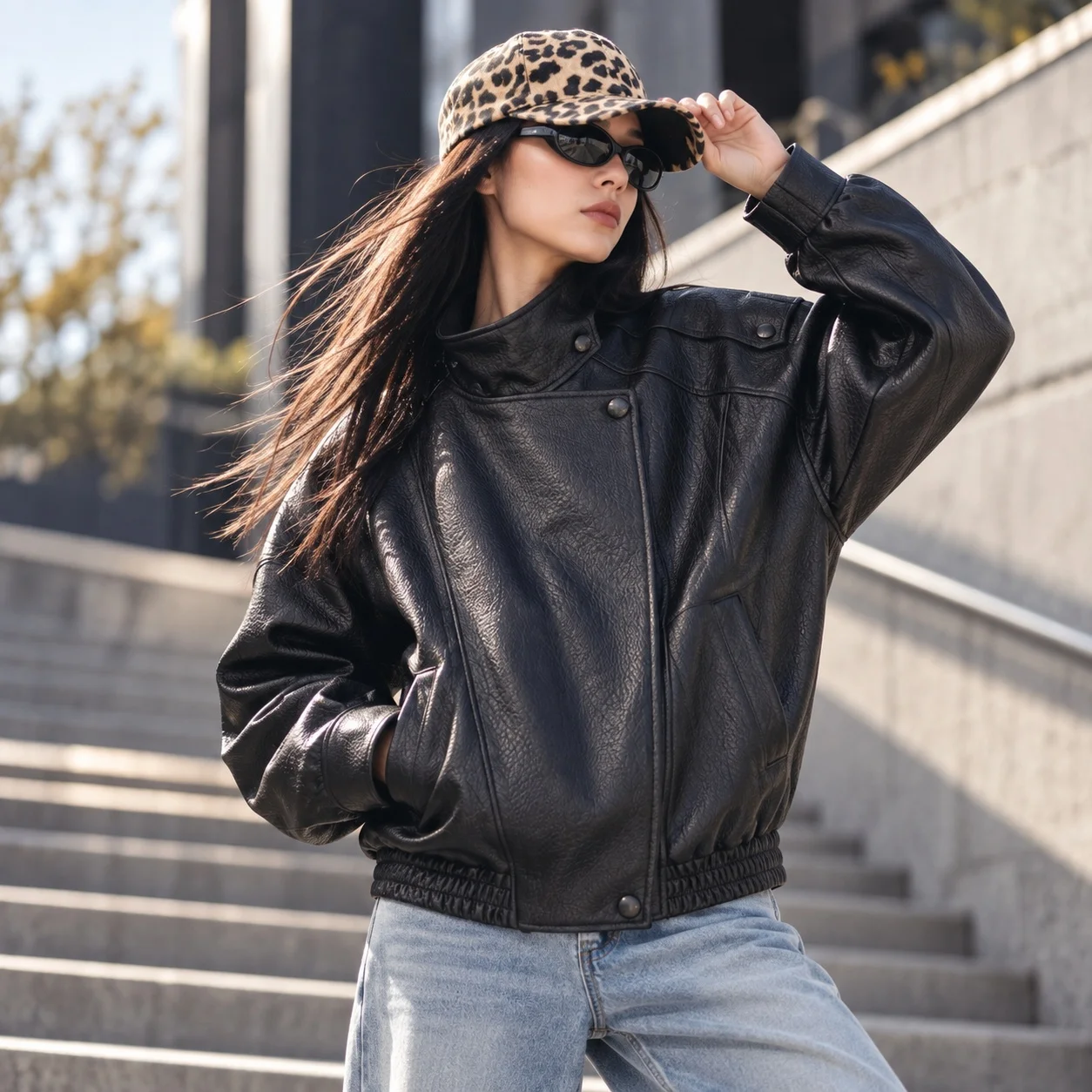Loose Fit No Hood Coat Regular Length Biker Style with Pocket Detail Patchwork Long Sleeve Streetwear Women Autumn Jacket