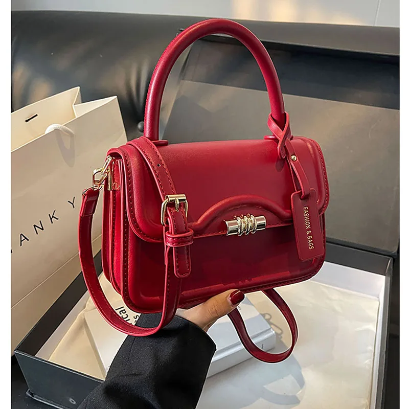 Red High Quality Simple Design Sense Small Square Bag Korean Texture Solid Crossbody Bag Women\'s 2024 New High-End Shoulder Bag