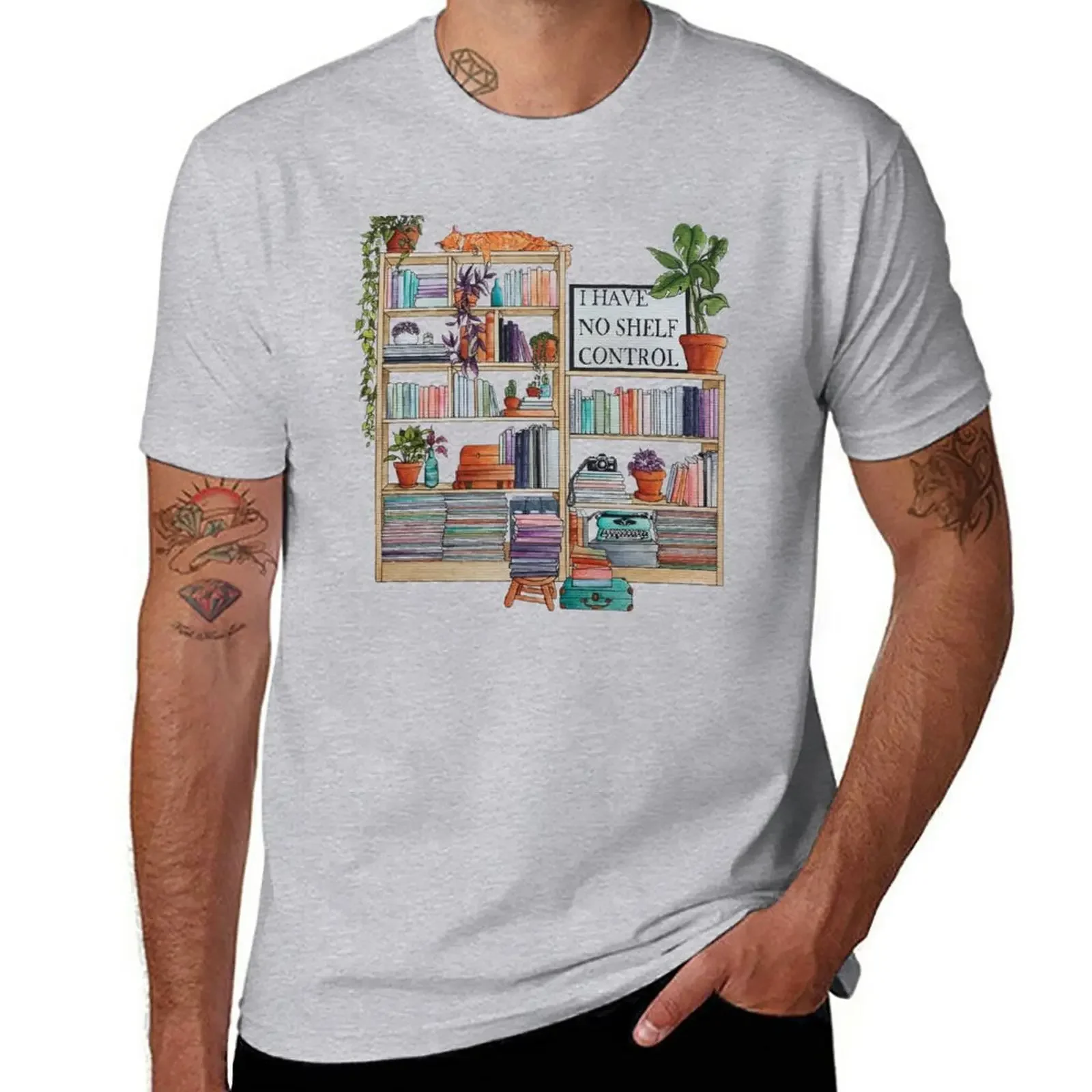 Watercolor bookshelf I have no shelf control T-Shirt cute clothes plain mens t shirt