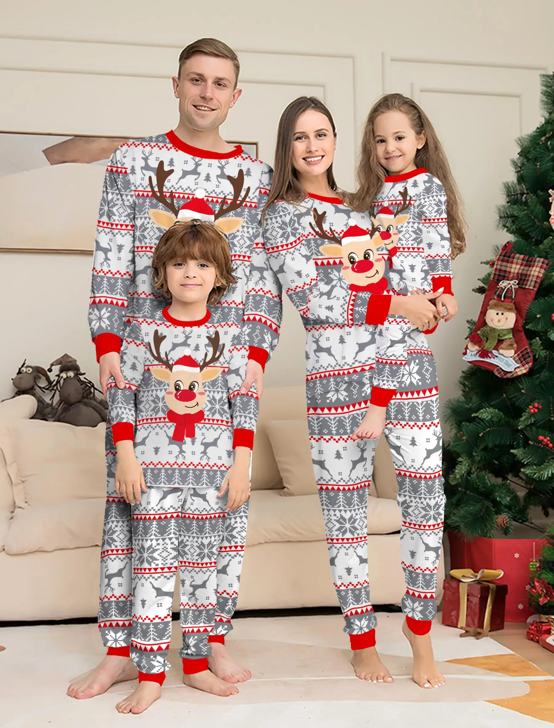 Family Christmas Pajamas Set Matching Parent-child Sleepwear Gray Red Reindeer Print Long Sleeve Xmas Gift for Men Women Kids