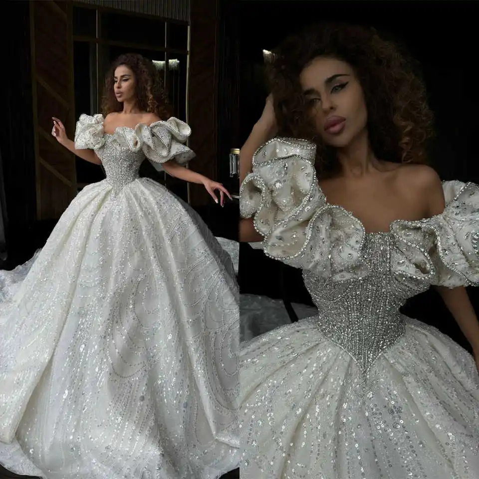 Gorgeous Ball Gown Wedding Dresses Off Shoulder Sleeveless Bridal Gown Sequins Crystal Ruffles Sweep Train Customized Dress