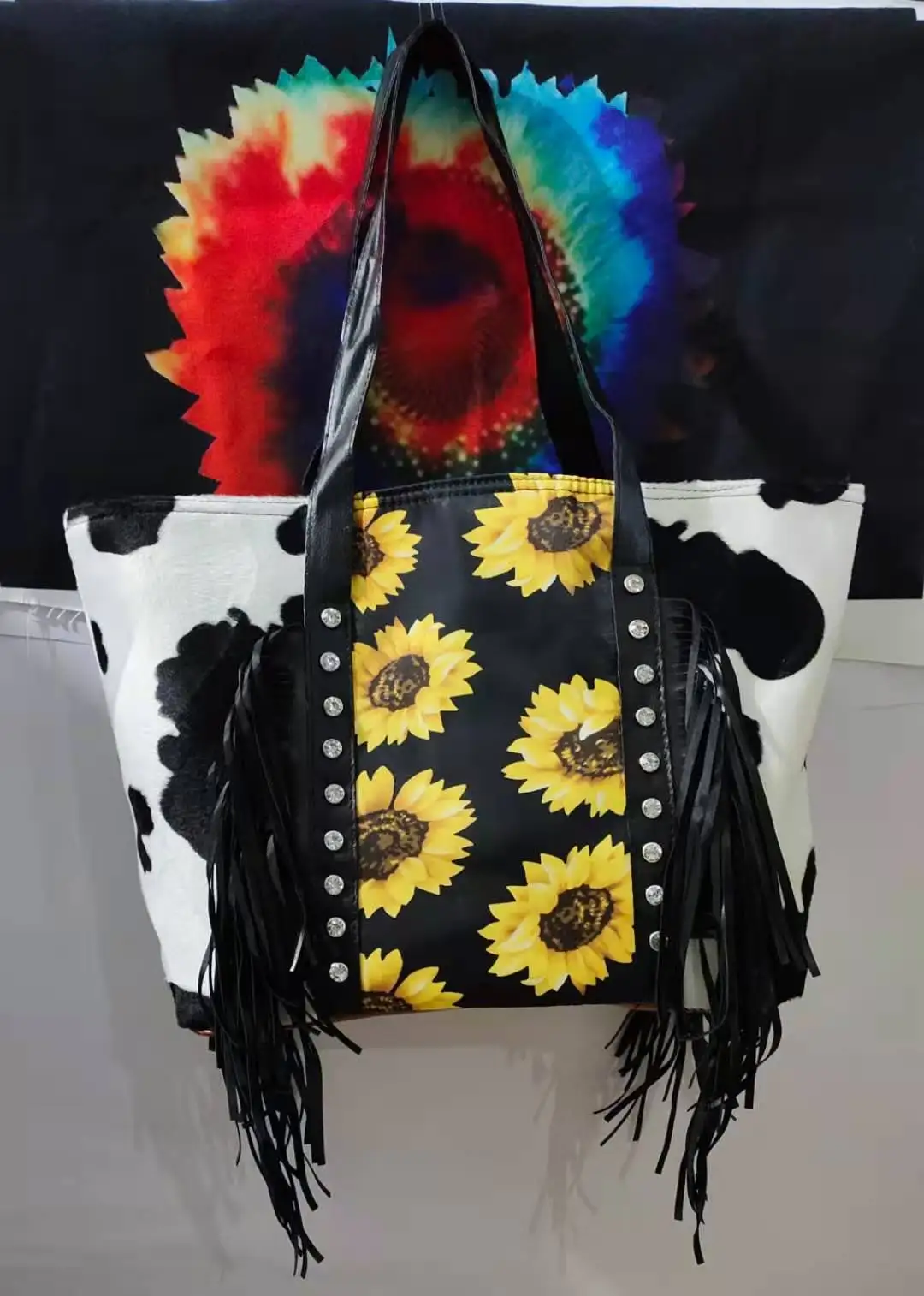 حقيبة نسائية مخططة عباد الشمس ليوبارد طباعة بقرة أسود أحمر متقلب أسود بني شرابة كتف واحد حقيبة يد نسائية ladie #4