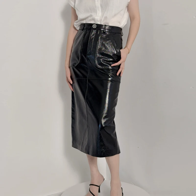 Fashion Black Glossy Patent Real Leather Skirts for Women 2026 Chic Ladies High Waist Back-slit Straight Bodycon Sheepskin Skirt