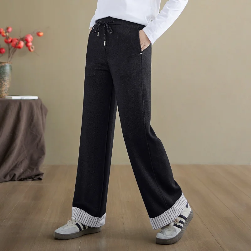 سروال نسائي واسع الساق بلون نقي من Ele، كاجوال بخصر مطاطي للتخسيس وسط الخصر العالي، قصة مستقيمة من البوليستر...