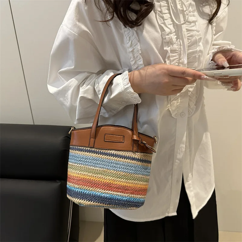 

‌Trendy 2025 Vacation Tote for Women - Portable Straw Bucket Bag with Colorful Weaving & Adjustable Strap‌