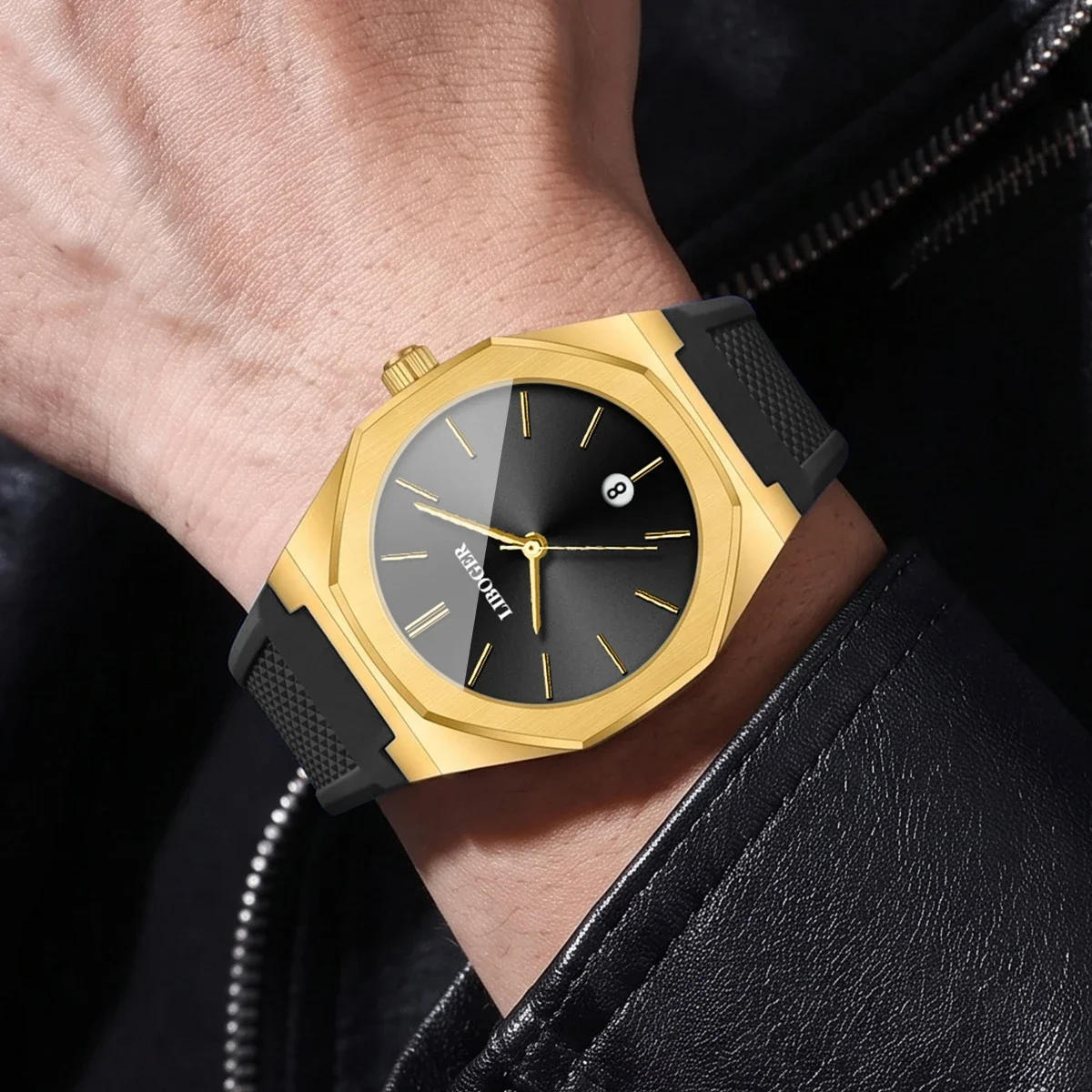 Fashion Octagonal Dial Men Business Watches Simple Date Silicone Strap Quartz Sports Wristwatches Relogio Masculino（Without Box）