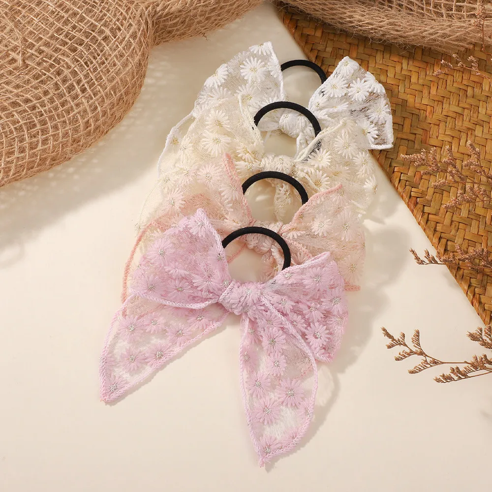 4 teile/satz Spitze Elastische Haarbänder Stickerei Bowknot für Frauen Mädchen Gummiband Haar Seile Pferdeschwanz Halter Kind Haar Zubehör
