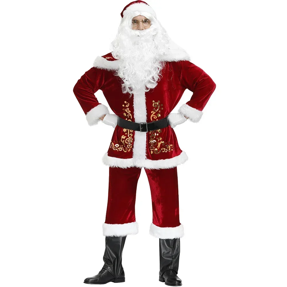 Traje de natal de veludo vermelho de luxo adultos festa de natal cosplay casal papai noel roupas para homens e mulheres terno plus size