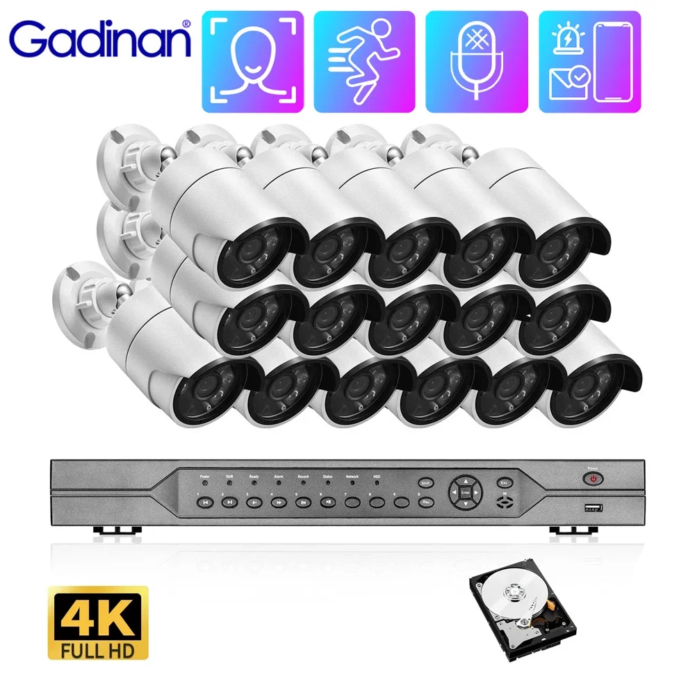 Gadinan 4K 16CH POE NVR Security System 8MP H.265 AI Face Detection IP Camera Kit CCTV Street Video Surveillance Set Email Alert