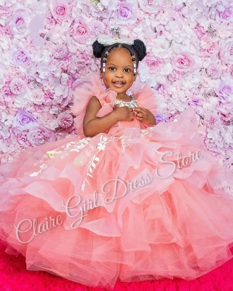 Customized Pink Flower Girl Dresses For Wedding Layered Appliques Floor Length Kids Birthday Party First Communion Ball Gown