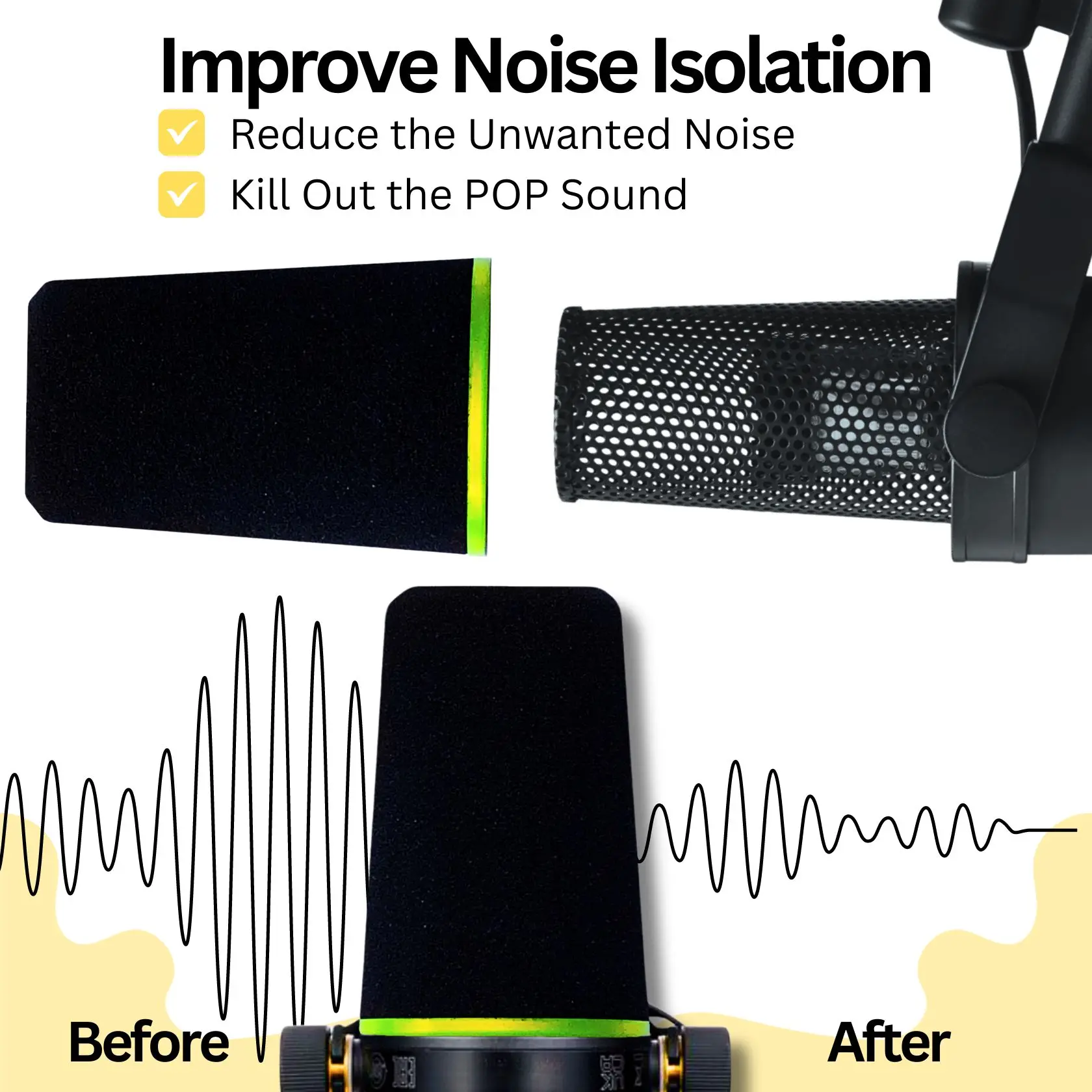 SM7B Filtr mikrofonowy do Shure SM7B SM7dB MV7 MV7X Wymiana filtra mikrofonowego Pop - Szyba przednia z zielonym pierścieniem identyfikacyjnym