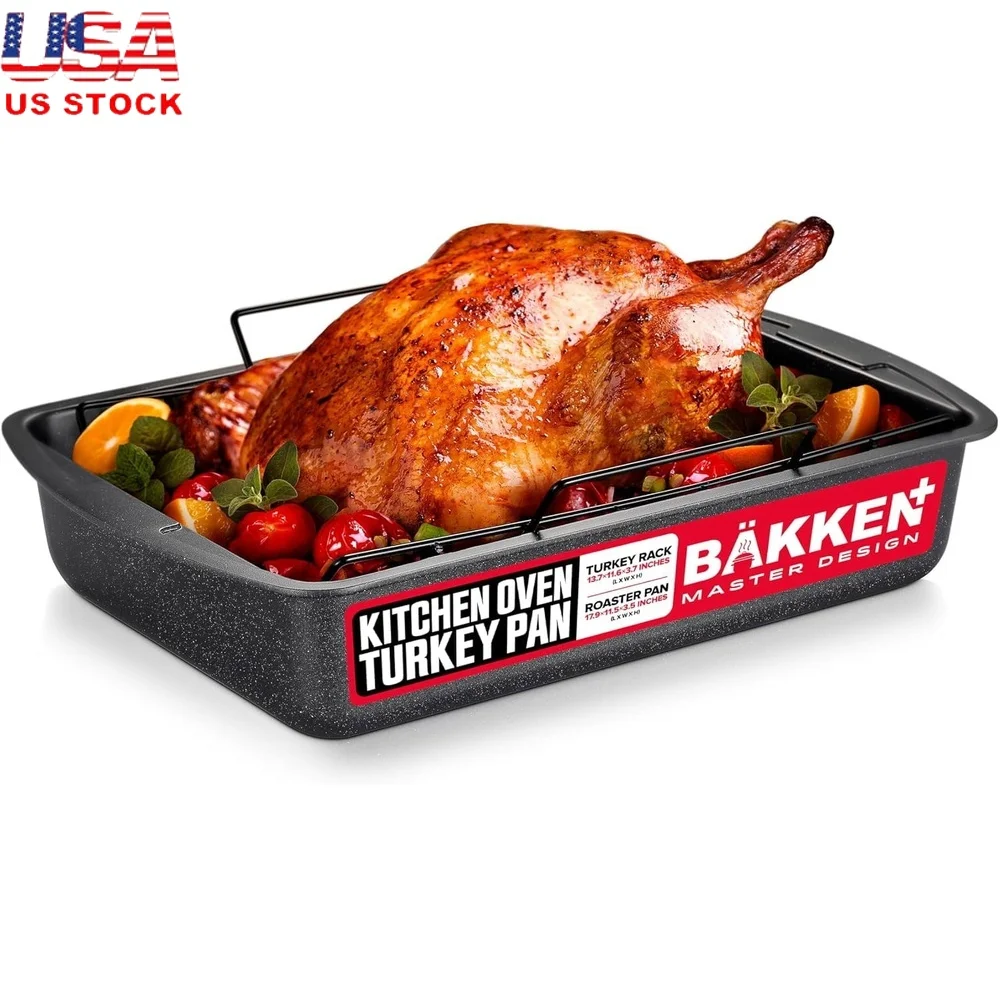 

Nonstick Turkey Roasting Pan with Rack Heavy Duty Carbon Steel Oven Safe 450°F Versatile Cooking Deep Walls Easy Cleanup
