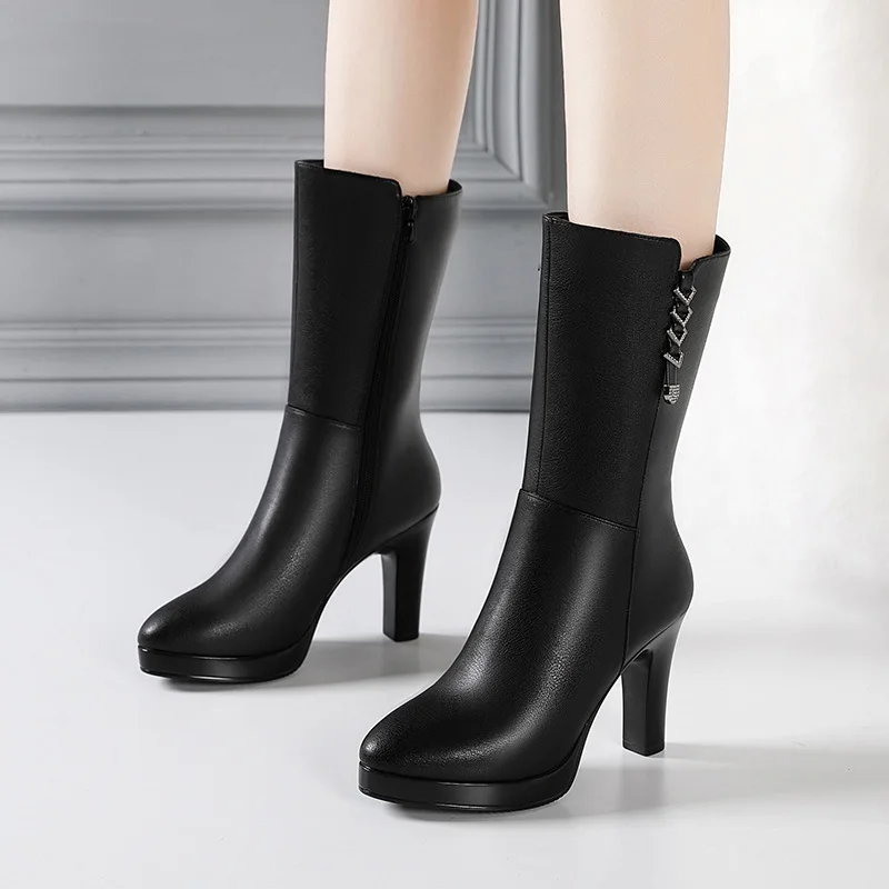10cm Fashion Comfortable Mid Calf Motorcycle Boots Women\'s Platform Shoes Winter 2025 Block High Heels Warm Plush Leather Botas