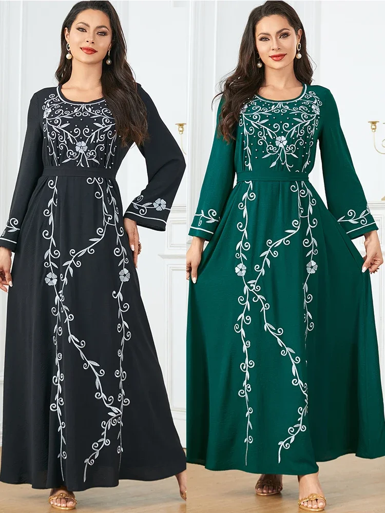 Eid Muslim Party Dress for Women Embroidery Jalabiya Abaya Lace-up Ramadan Long Dresses Abayas Robe Caftan Vestidos Largos 2024